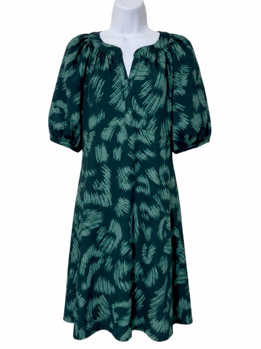 Calvin Klein Dark Green Printed Puff-Sleeve Midi Knee Length Dress Size 8